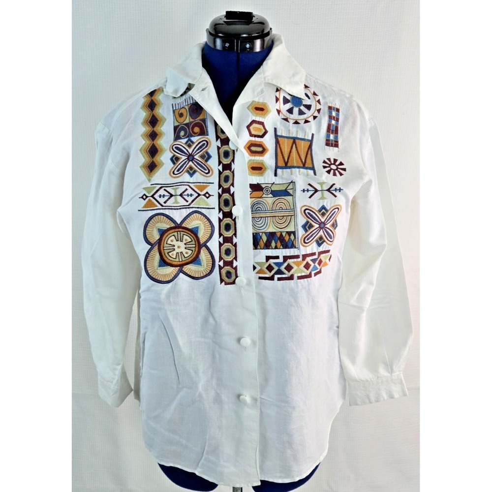 Ascente women's embroidered button up cotton blend white shirt Blouse medium